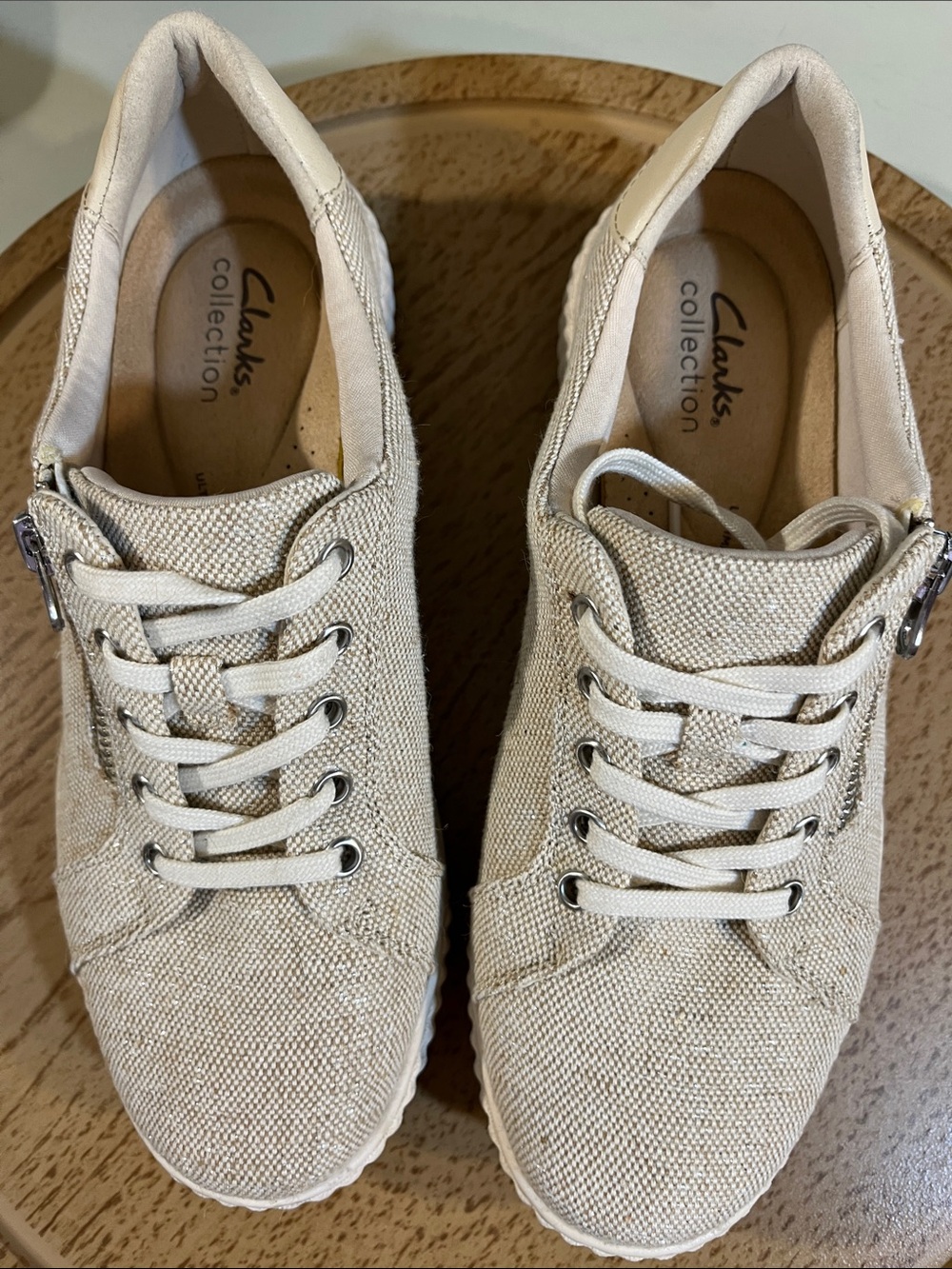 Clarks Beige Canvas Lace-Up Sneakers with Side Zip